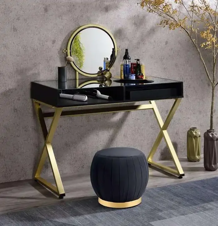 ACME Furniture – Coleen Vanity Desk w/Mirror & Jewelry Tray – Black & Gold – AC00669