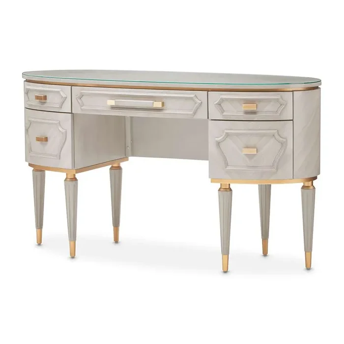 AICO by Michael Amini – St. Charles Vanity Desk with Glass Top – Dove Gray – 9088058-158-803