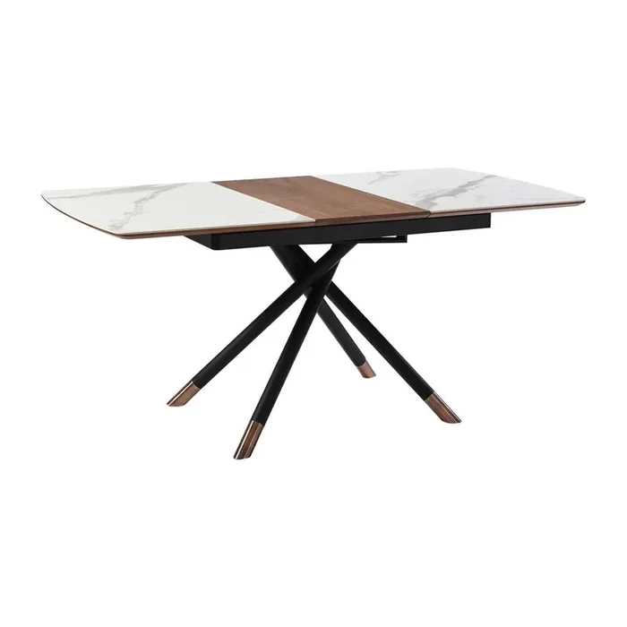 Armen Living – Alora Extendable Dining Table with Light Gray Ceramic and Wood Top and Metal Legs – LCALDIBLKAC