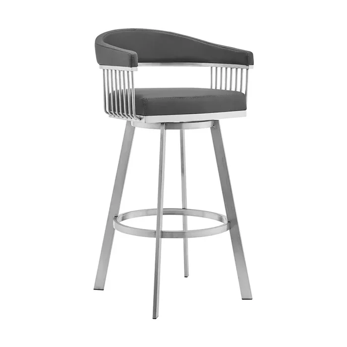 Armen Living – Chelsea 26in Gray Faux Leather and Brushed Stainless Steel Swivel Bar Stool – LCCSBABSGR26