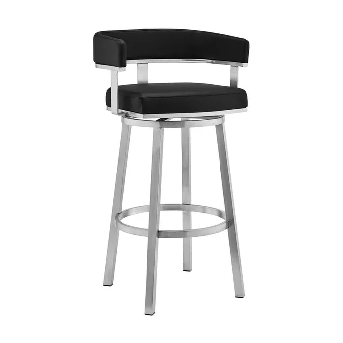 Armen Living – Cohen 30in Black Faux Leather and Brushed Stainless Steel Swivel Bar Stool – 721535762156