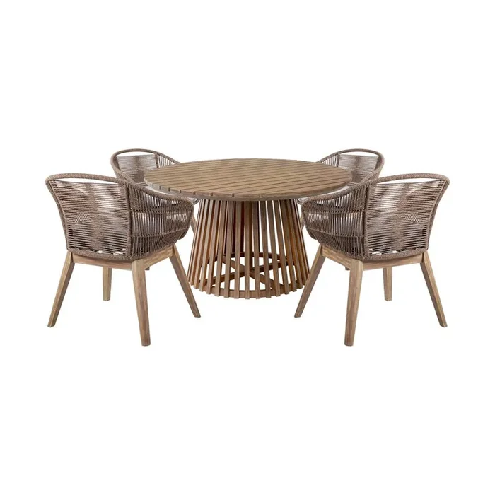 Armen Living – Escondido Tutti Frutti Outdoor Patio 5 Piece Round Dining Set in Eucalyptus Wood with Truffle Rope and Gray Cushions – SETODTF5TRU