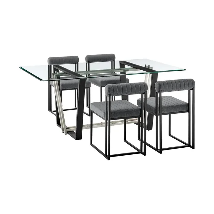Armen Living – Kai Anastasia 5 Piece Rectangular Glass Dining Table Set with Matte Black Iron and Anchor Gray Fabric – SETKA5BLKAGRY