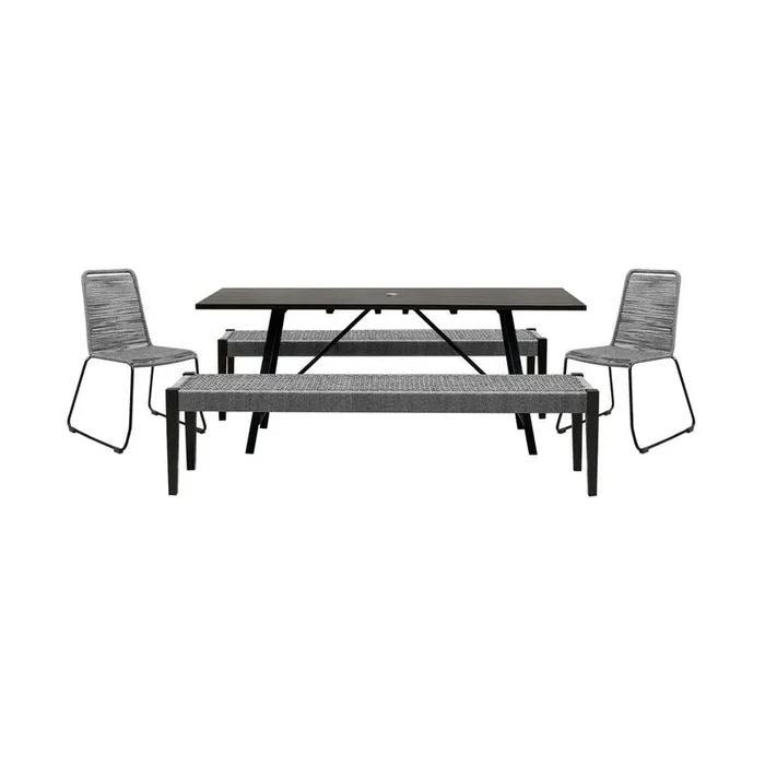 Armen Living – Koala Shasta and Camino 5 Piece Outdoor Dining Set in Dark Eucalyptus Wood with Grey Rope – 840254333833