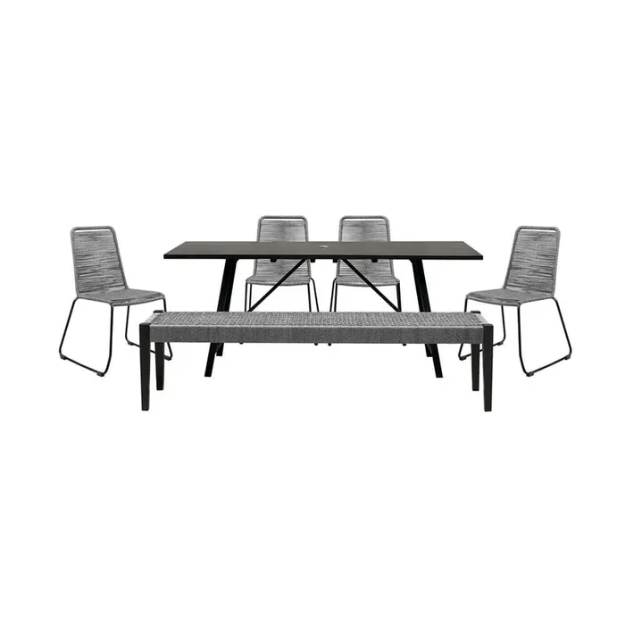 Armen Living – Koala Shasta and Camino 6 Piece Outdoor Dining Set in Dark Eucalyptus Wood with Grey Rope – 840254333840
