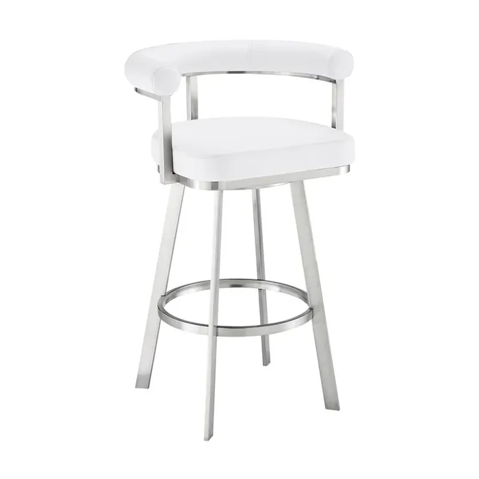 Armen Living – Magnolia 30in Swivel Bar Stool in Brushed Stainless Steel with White Faux Leather – LCMGBABSWHI30