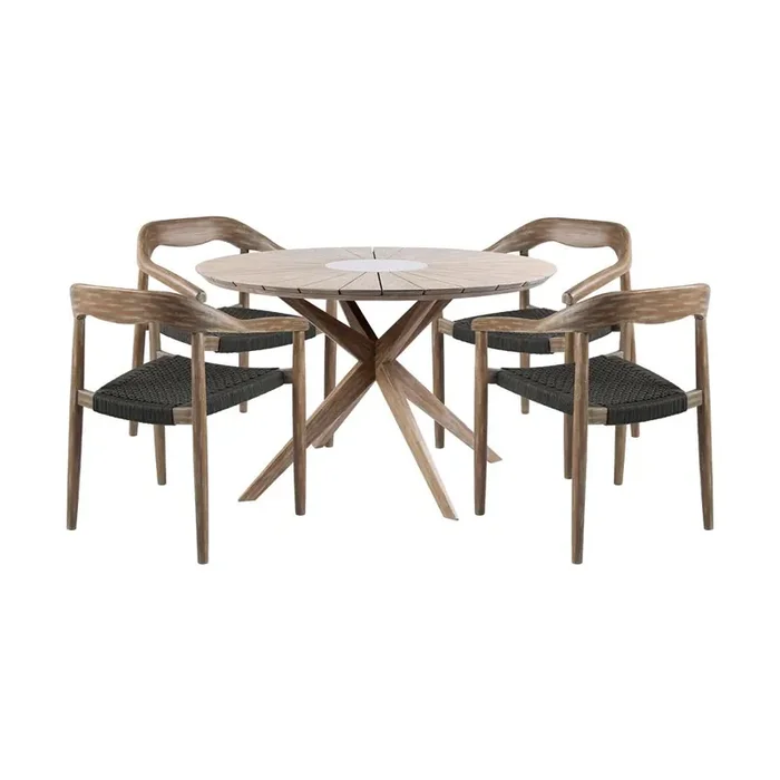 Armen Living – Oasis Santo Outdoor Patio 5 Piece Round Dining Set in Eucalyptus Wood and Charcoal Rope – SETODOASA5LT