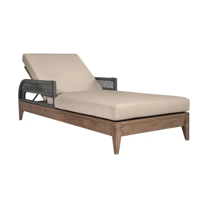 Armen Living – Orbit Outdoor Patio Chaise Lounge Chair in Weathered Eucalyptus Wood with Gray Rope and Taupe Olefin Cushions – LCORLOEUCTP