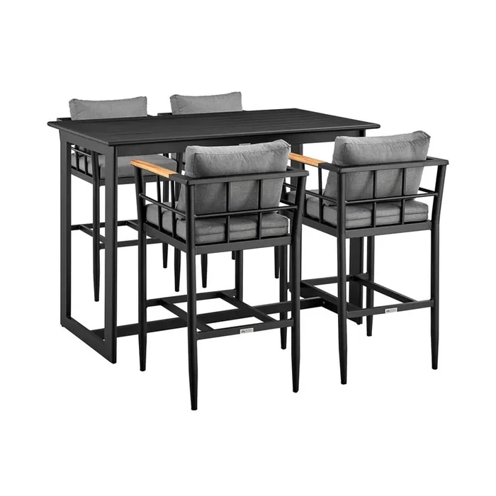 Armen Living – Orlando Outdoor Patio 5-Piece Bar Table Set in Aluminum with Gray Cushions – SETODOR5BLGRY