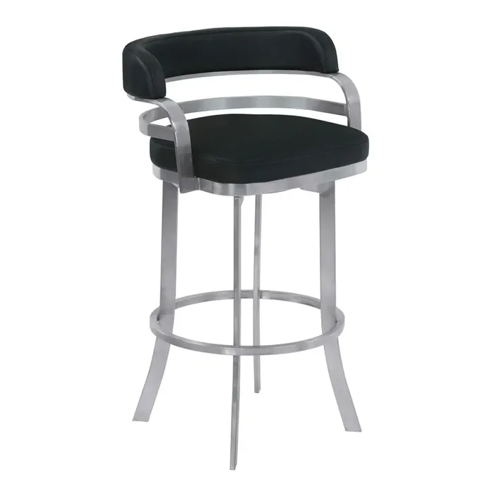 Armen Living – Prinz 26in Counter Height Swivel Black Faux Leather and Brushed Stainless Steel Bar Stool – LCPRBABLBS26