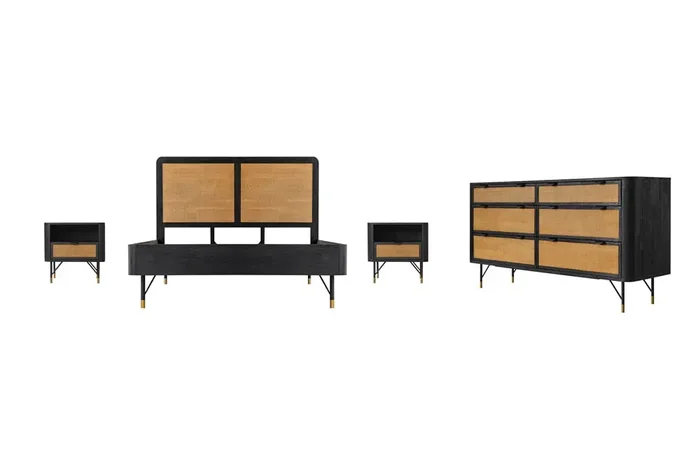 Armen Living – Saratoga 4 Piece Queen Bedroom Set in Black Acacia Wood and Rattan – SETSRBDQN4A