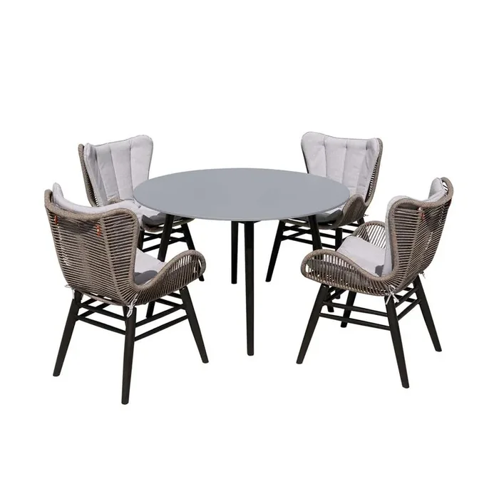 Armen Living – Sydney and Fanny 5 Piece Outdoor Patio Dining Set in Dark Eucalyptus Wood with Truffle Rope and Grey Cushions – 840254335950
