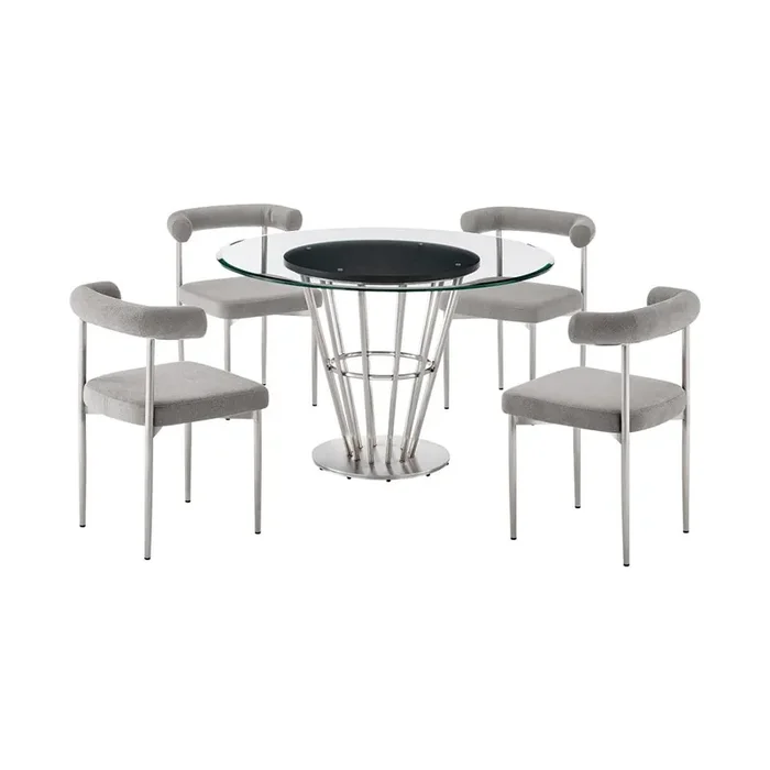 Armen Living – Veronica Shannon 5 Piece Round Glass Dining Table Set with Brushed Stainless Steel and Light Gray Fabric – SETVRDI5BSLGRY