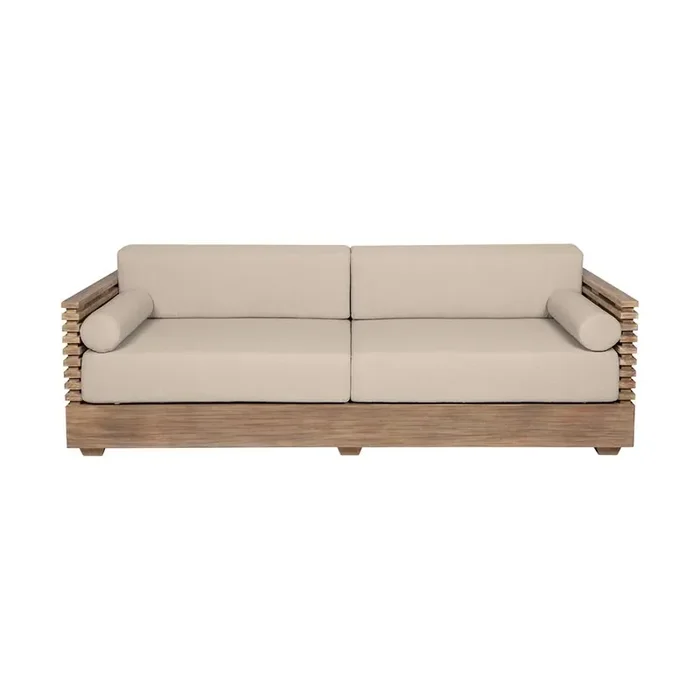 Armen Living – Vivid Outdoor Patio Sofa in Light Eucalyptus Wood with Taupe Olefin Cushions – LCVISOEUCTP