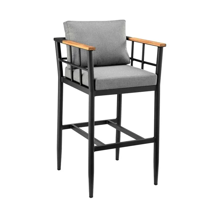 Armen Living – Wiglaf Outdoor Patio Counter Height Bar Stool in Aluminum and Teak with Grey Cushions – 840254333048