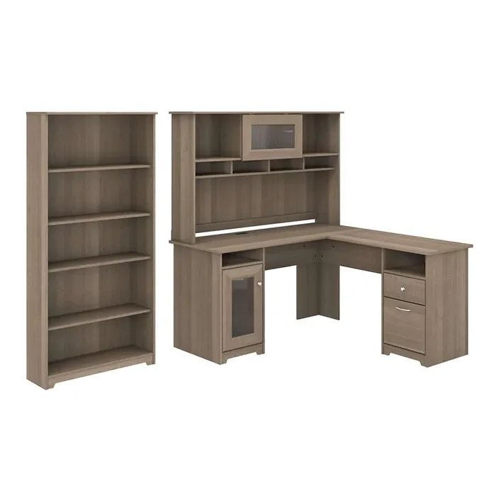 Bush Furniture – Cabot 60W L Shaped Computer Desk with Hutch and 5 Shelf Bookcase in Ash Gray – CAB011AG
