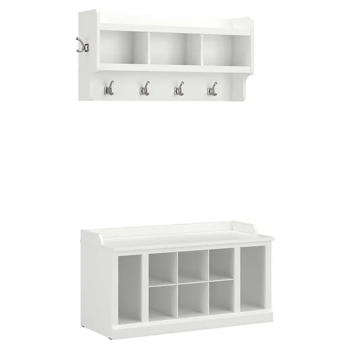 Bush Furniture – Woodland 40W Shoe Storage Bench with Shelves and Wall Mounted Coat Rack in White Ash – WDL004WAS