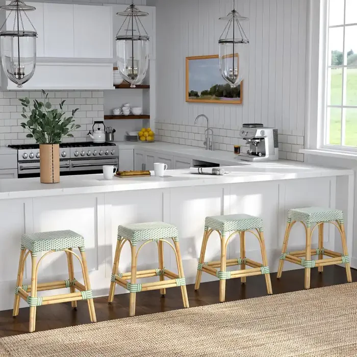Butler Specialty Company – Robias 24.5 in. Seat Height Rectangular Rattan Backless Counter Height Stool, White and Green Dot – 5513426