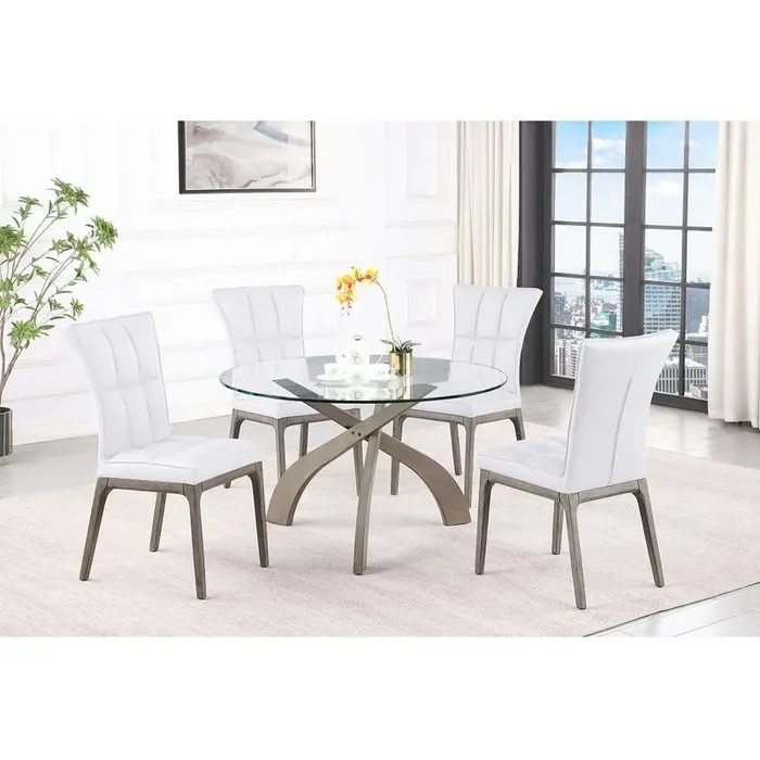 Chintaly – Peggy – Dining Set w/ Glass Top Table & Tufted Solid Wood Chairs – PEGGY-5PC-WHT