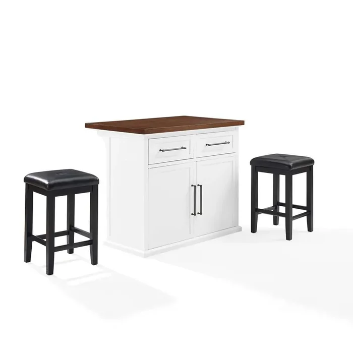 Crosley Furniture – Bartlett Wood Top Kitchen Island W/Uph Square Stools White/Black – Kitchen Island & 2 Stools – KF30093WH-BK