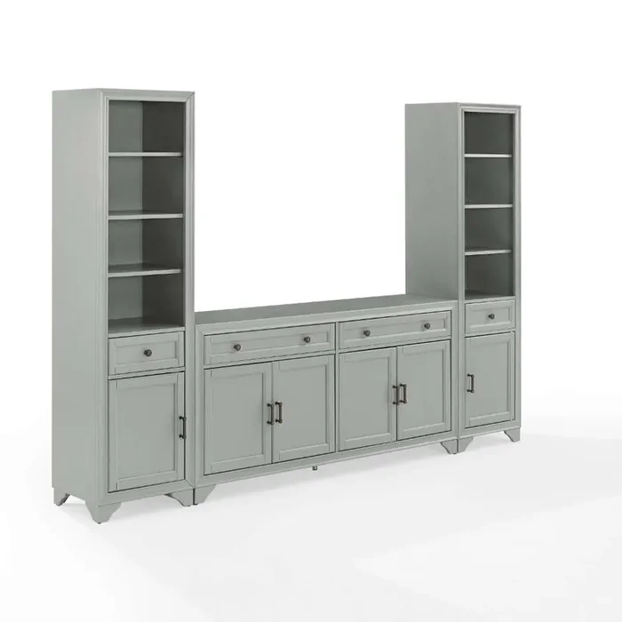 Crosley Furniture – Tara 3Pc Sideboard And Bookcase Set Distressed Gray – Sideboard & 2 Bookcases – KF33014GY