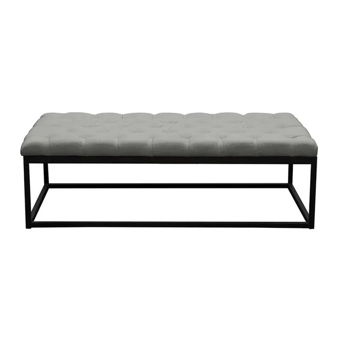 Diamond Sofa – Mateo Black Powder Coat Metal Large Linen Tufted Bench – Grey – MATEOBELGR