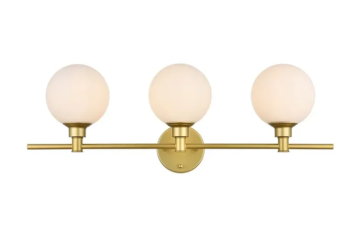 Elegant Furniture & Lighting – Cordelia 3 light Brass and frosted white Bath Sconce – LD7317W28BRA