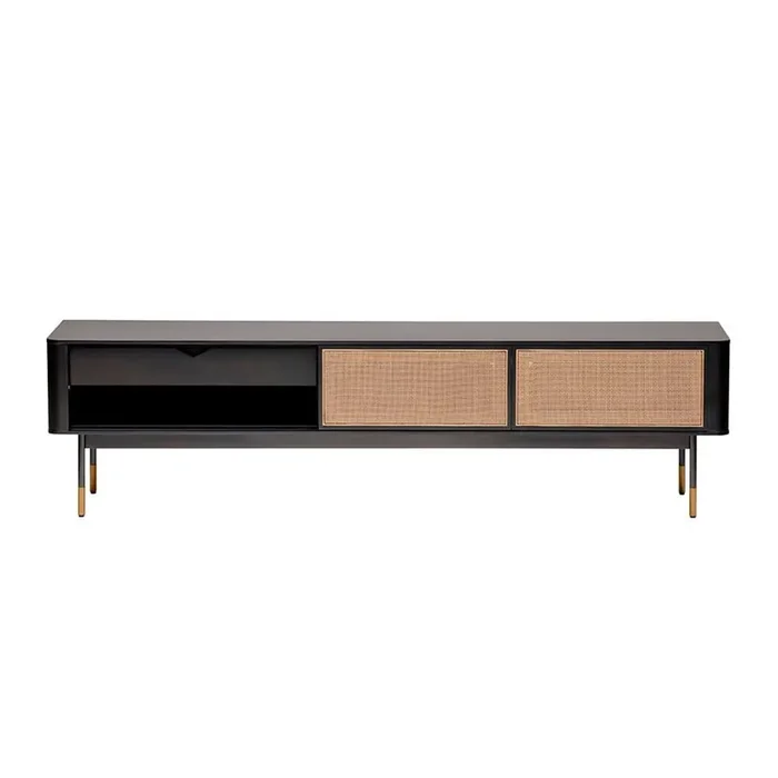 Euro Style – Miriam 71in Media Stand in Black with Natural Wicker – 94218BLK
