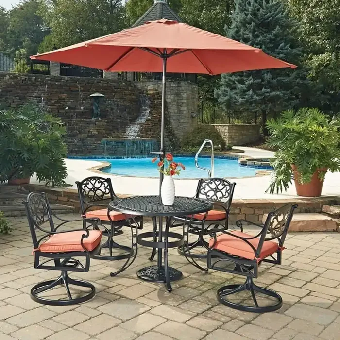 Homestyles Furniture – Sanibel Black 6 Piece Outdoor Dining Set with Umbrella and Cushions – 6654-3056C