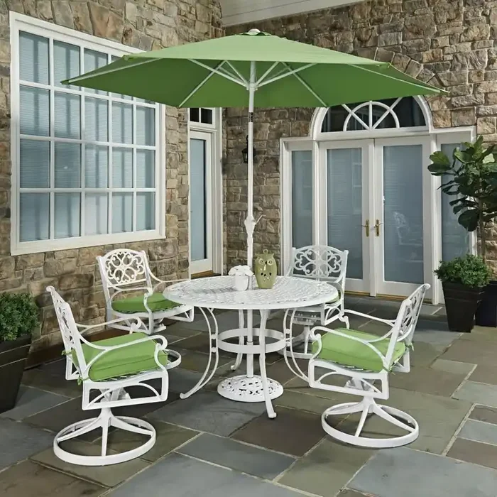 Homestyles Furniture – Sanibel White 6 Piece Outdoor Dining Set with Umbrella and Cushions – 6652-3256C
