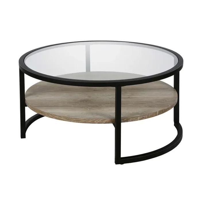 Hudson & Canal – Winston 34.75in Wide Round Coffee Table in Blackened Bronze/Limed Oak – CT0224