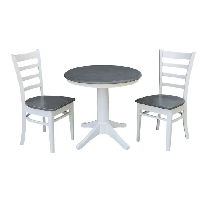 International Concepts (Set of 3 Pcs) -30in Round Top Ped Table with 2 Emily Chairs in White/Heather Gray Finish – K05-30RT-27B-C617P