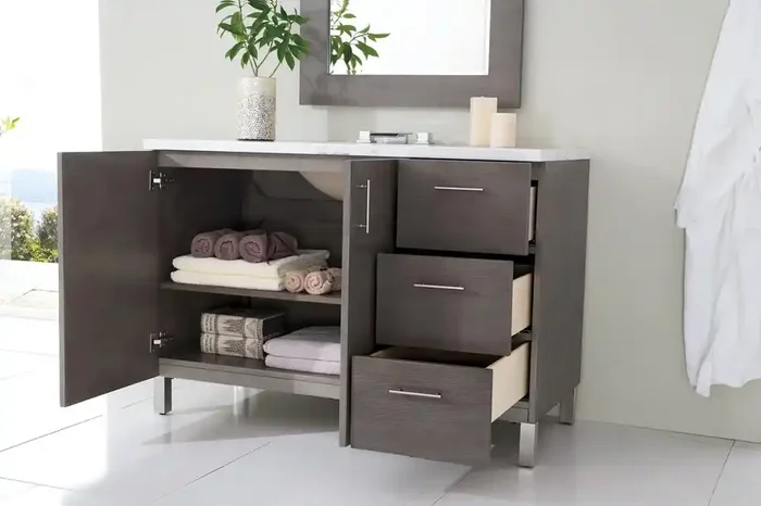 James Martin – Metropolitan 48in Silver Oak Single Vanity with 3 CM Arctic Fall Solid Surface Top – 850-V48-SOK-3AF_CLOSEOUT