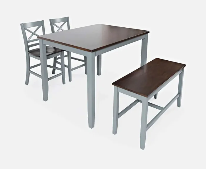 Jofran – Asbury Park Solid Acacia Farmhouse 4-Pack Counter Height Dining Set – Table with 2 Stools and Bench – 1816