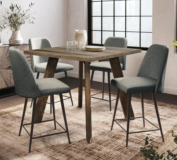 Jofran – Reclamation 42in Square Five Piece Solid Wood Counter Height Upholstered Dining Set in Blue – 2301-SQ42-4MACEYSTBL