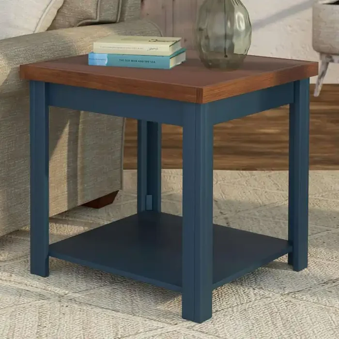 Legends Furniture – Bridgevine Home 24 in. W x 24 in. HBlue Denim and Whiskey Brown Finish Solid Wood Side Table – NT4110.BWK