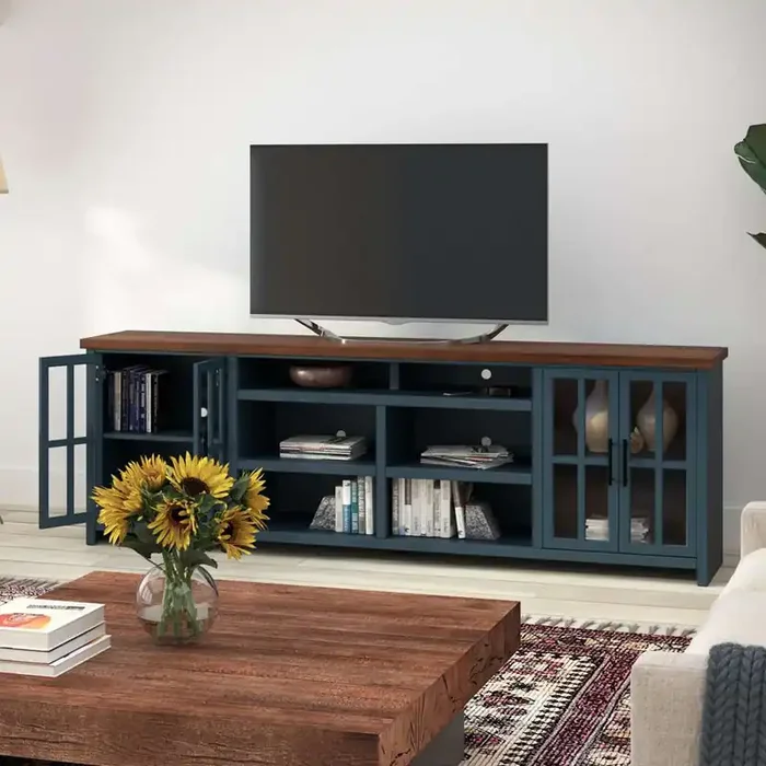 Legends Furniture – Bridgevine Home 96 in. Blue Denim and Barnwood Finish Solid Wood TV stand – NT1211.BWK