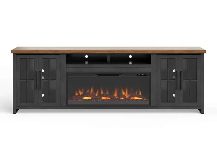 Legends Furniture – Bridgevine Home Essex 97 inch Fireplace TV Stand Console for TVs up to 100 inches, Black and Whiskey Finish – ES5410.SWK