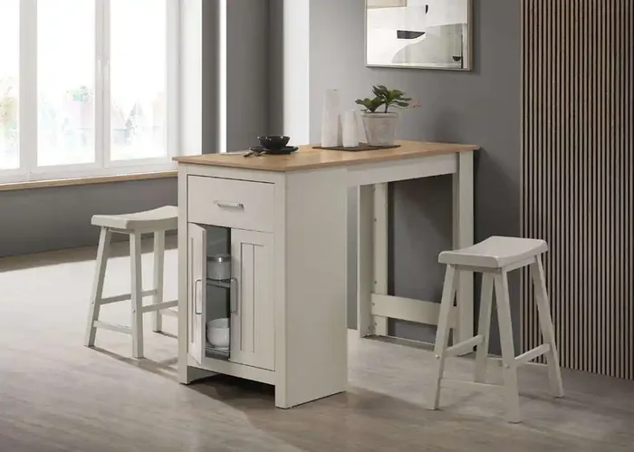Lilola Home – Alonzo Light Gray Small Space Counter Height Dining Table with Cabinet, Drawer, and 2 Ergonomic Counter Stools – 30500-SET