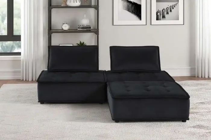 Lilola Home – Anna Black Velvet 3 Pc Sectional Sofa Ottoman – 81402-3