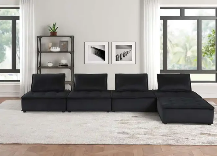 Lilola Home – Anna Black Velvet 5 Pc Sectional Sofa Ottoman – 81402-5A