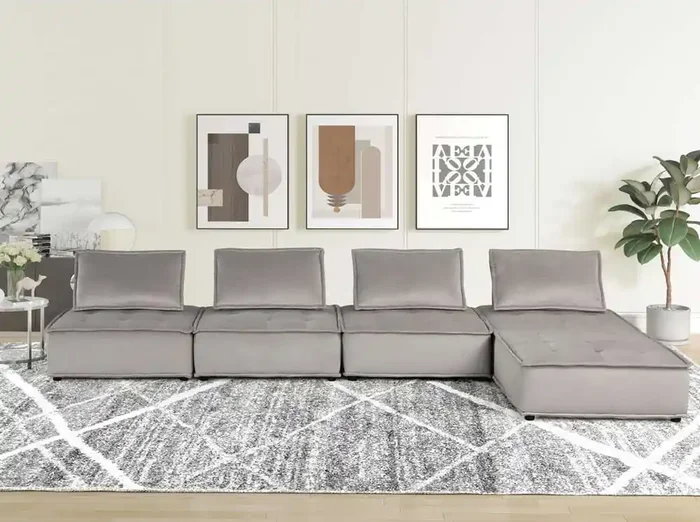 Lilola Home – Anna Light Gray Velvet 5 Pc Sectional Sofa Ottoman – 81403-5A