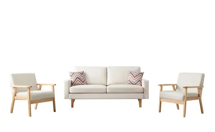 Lilola Home – Bahamas Beige Linen Sofa and 2 Chairs with 2 Throw Pillows – 87827-SCC