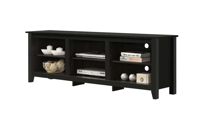 Lilola Home – Benito Black 70inW TV Stand with Open Shelves and Cable Management – 97013