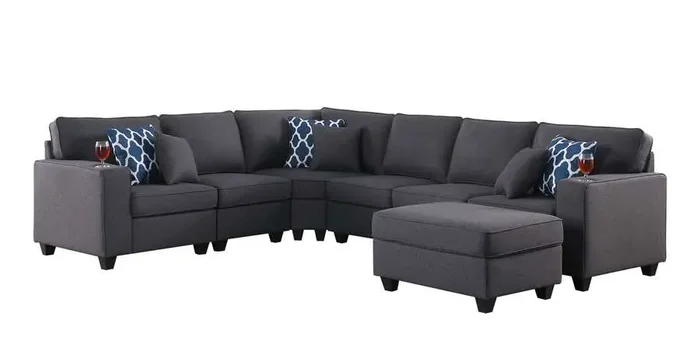 Lilola Home – Cooper Dark Gray Linen 7Pc Reversible L-Shape Sectional Sofa with Ottoman and Cupholder – 89132-2B