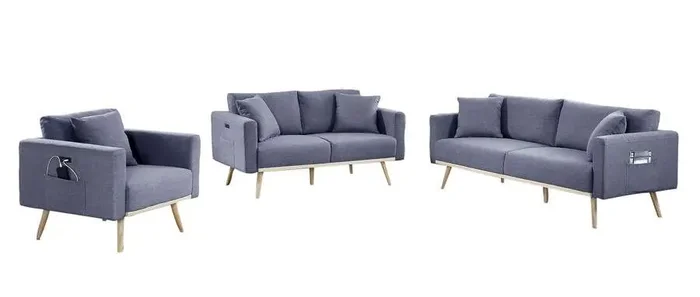 Lilola Home – Easton Dark Gray Linen Fabric Sofa Loveseat Chair Living Room Set with USB Charging Ports Pockets & Pillows – 81370