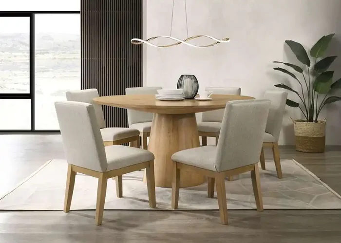 Lilola Home – Jasper Driftwood Finish 7 Piece 59inW Round Dining Table Set with Beige Fabric Chairs – 30018-4