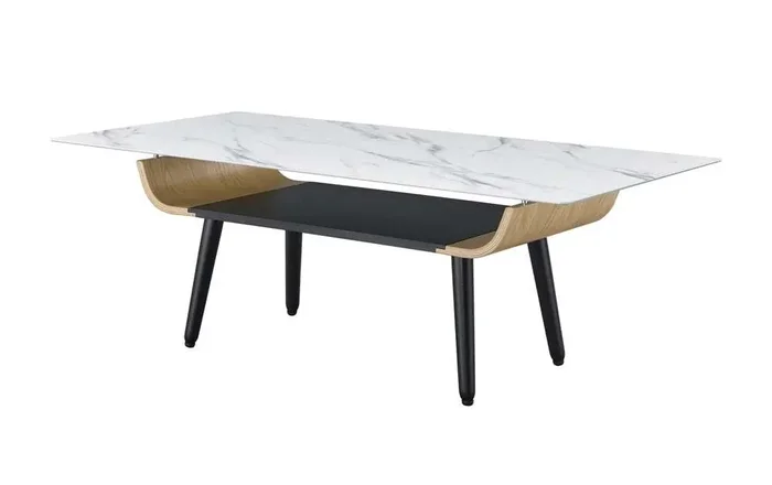 Lilola Home – Landon Coffee Table with Glass White Marble Texture Top and Bent Wood Design – 98017