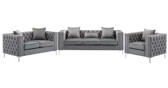 Lilola Home – Lorreto Gray Velvet Fabric Sofa Loveseat Chair Living Room Set – 89715