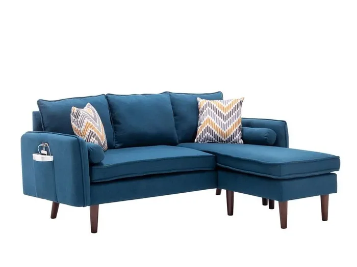 Lilola Home – Mia Blue Sectional Sofa Chaise with USB Charger & Pillows – 89628BU